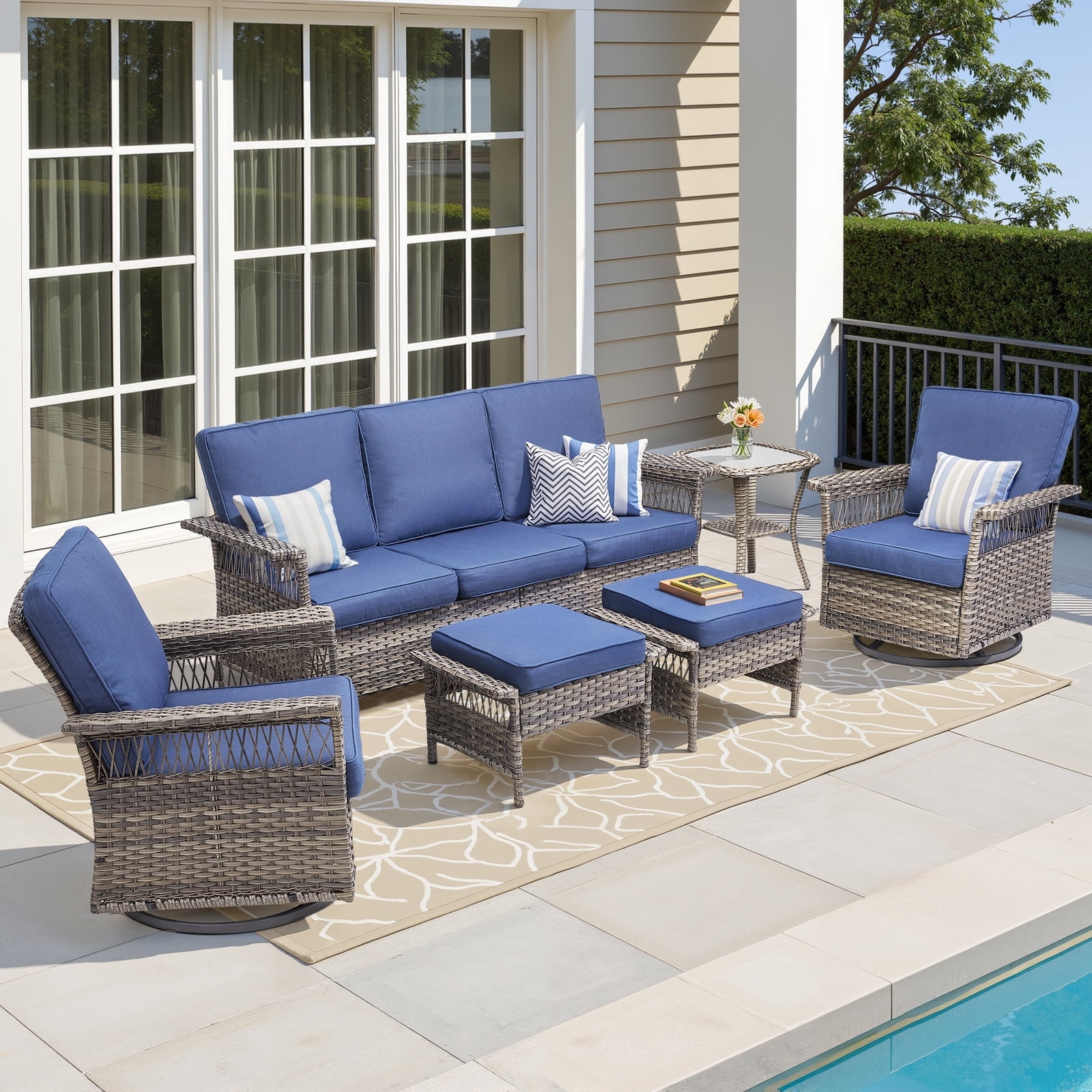 Lumiinofami 6 Piece Patio Sectional Set, Outdoor Conversation Furniture Set with Rocking Swivel Chairs and Side Table, All-Weather Wicker Padded Sofa Sets for Deck Poolside Backyard, Blue Cushions
