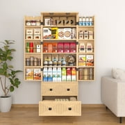 PPorfamilia 63" Kitchen Pantry Storage Cabinet, Pantry Hutch with 2 Drawers and 2 Doors of Shelves, Natural Color