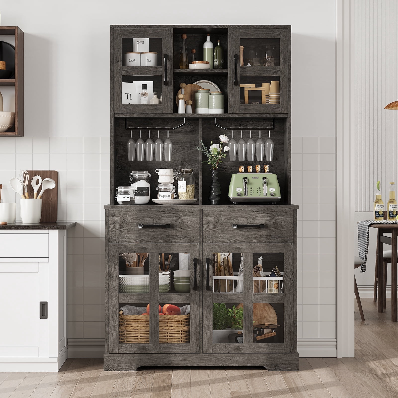 Lumiinofami 71"H Kitchen Pantry Cabinet with Microwave Stand & Wine Racks, Farmhouse Glass Door Storage Hutch with Drawers and Adjustable Shelves for Kitchen, Dining Room, Oak Gray
