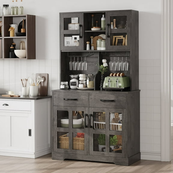 Lumiinofami 71"H Kitchen Pantry Cabinet with Microwave Stand & Wine Racks, Farmhouse Glass Door Storage Hutch with Drawers and Adjustable Shelves for Kitchen, Dining Room, Oak Gray