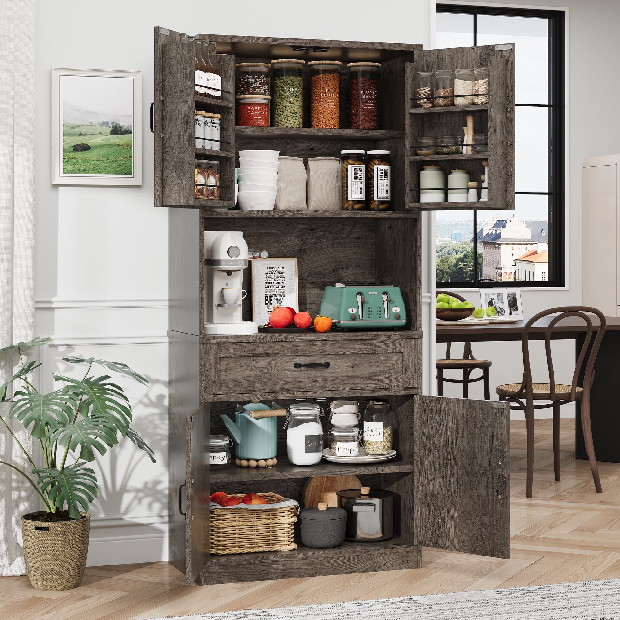 PPorfamilia 71-Inch Farmhouse Kitchen Pantry Storage Cabinet with Drawer and Charging Station, Oak