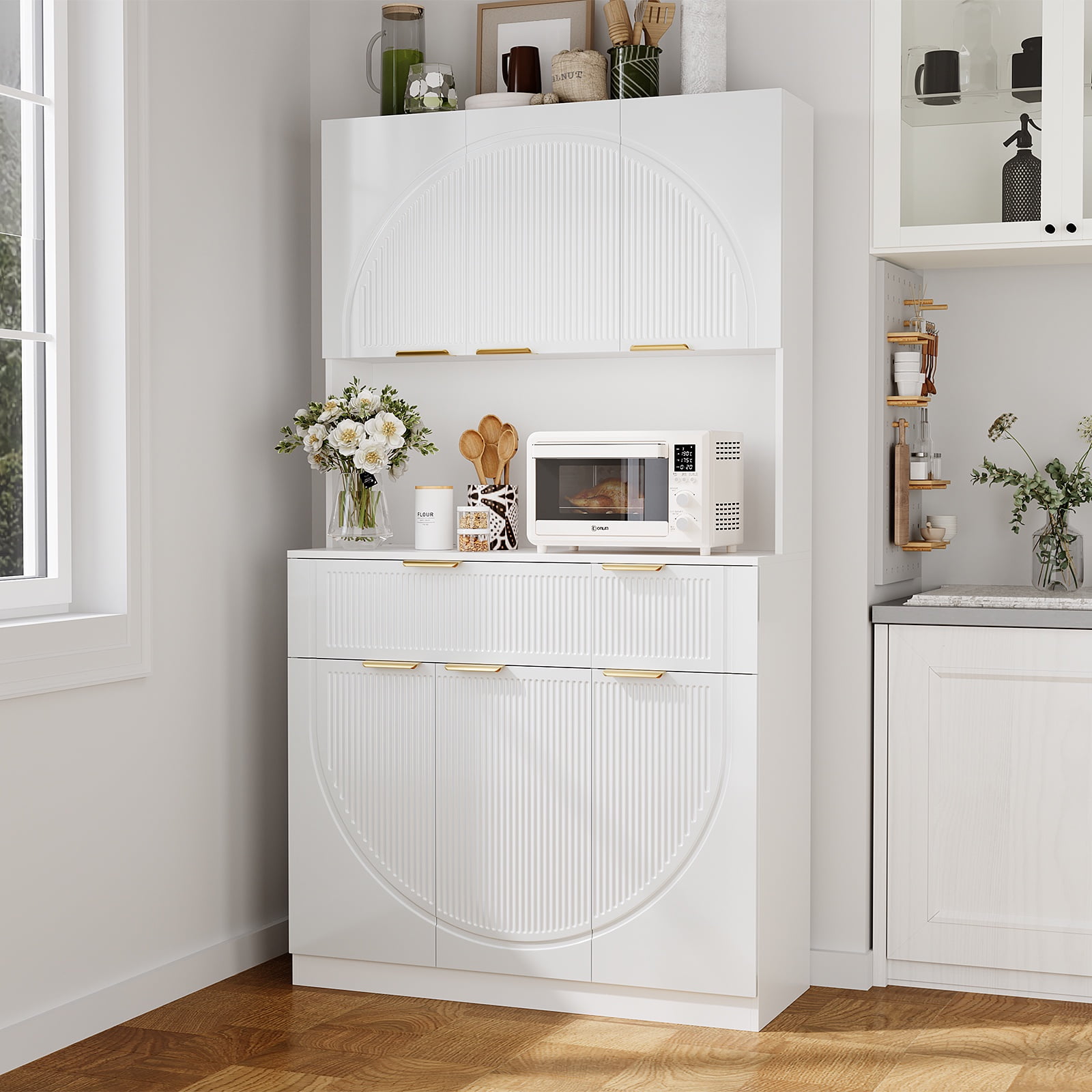 PPorfamilia 71" Tall Kitchen Pantry Cabinet, Wooden Hutch Cupboard Cabinet with Storage, Microwave Stand and Power Outlets, White