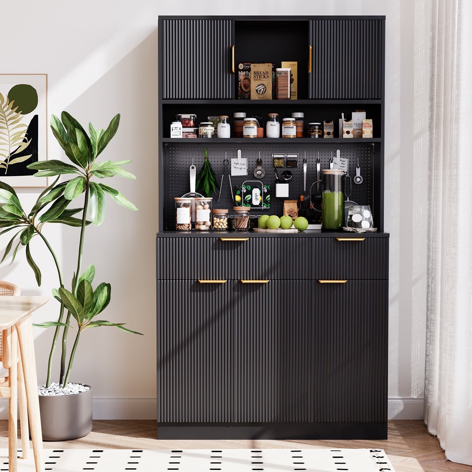 Lumiinofami 72.8" Kitchen Pantry Cabinet, Microwave Hutch with Charging Station, DIY Pegboard, 5 Fluted Doors, 2 Drawers, Adjustable Shelves for Kitchen, Dining Room, Living Room, Black