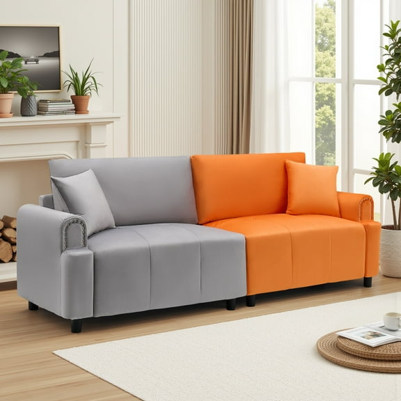 PPorfamilia 87" Modular Sectional Loveseat, Vintage Velvet Fabric Extra Large 2-Seater Couch Sofa with Pillows for Living Room, Gray and Orange