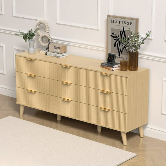 Lumiinofami 9 Drawer Dresser, Modern Natural Color Boho Wave Pattern Chest of Drawers with Handles for Bedroom, Living Room, Closet, Hallway
