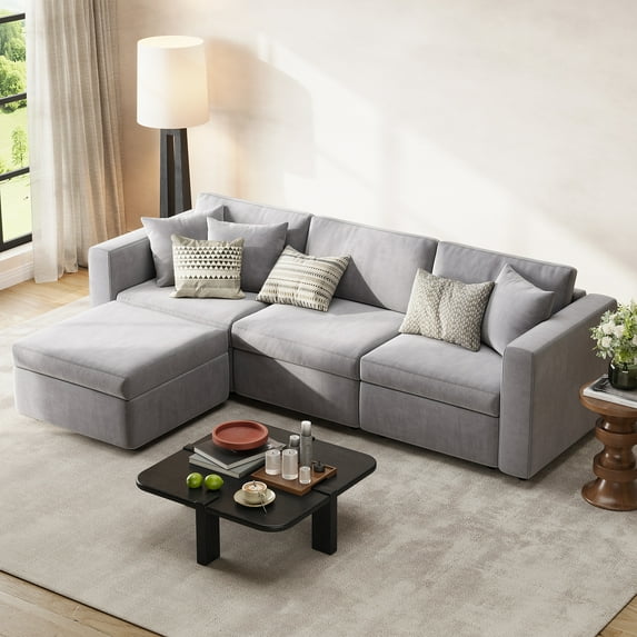 PPorfamilia 99.3" Velvet 3 Seater Sofa with Ottoman, Modular Sectional Deep Seat Sofa with Storage, Soft Upholstered Couch with Cushions and Pillows for Living Room, Gray