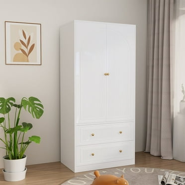 PPorfamilia Armoire Wardrobe Closet, Tall Wardrobe Cabinet with 2 Fluted Doors and 2 Storage Drawers, Hanging Rod Closet for Bedroom, White