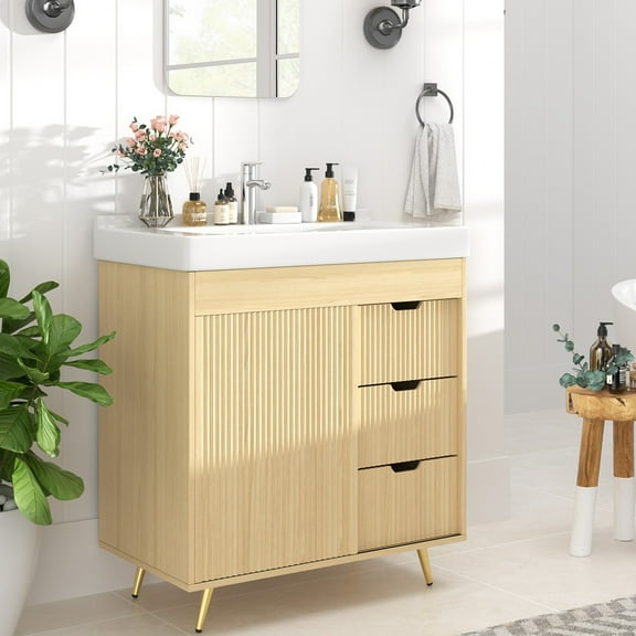 PPorfamilia Bathroom Vanity Cabinet with Ceramic Sink, Faucet and 3 Drawers, Natural