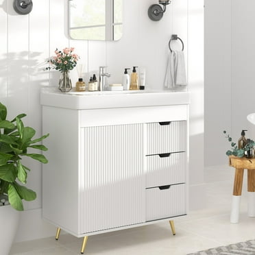 PPorfamilia Bathroom Vanity Cabinet with Ceramic Sink, Faucet and 3 Drawers, White