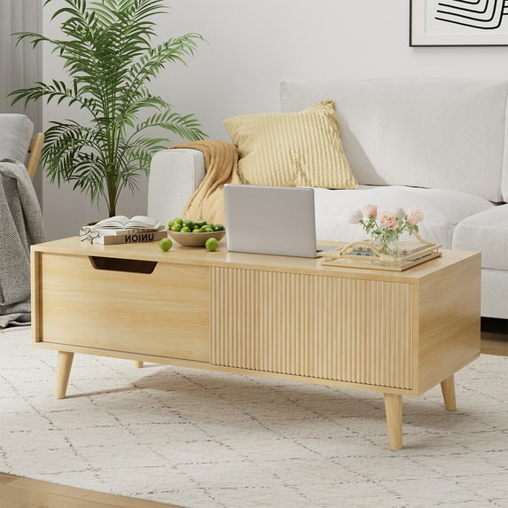 PPorfamilia Fluted Boho Coffee Tables, Center Tables with Storage for Living Room, Natural