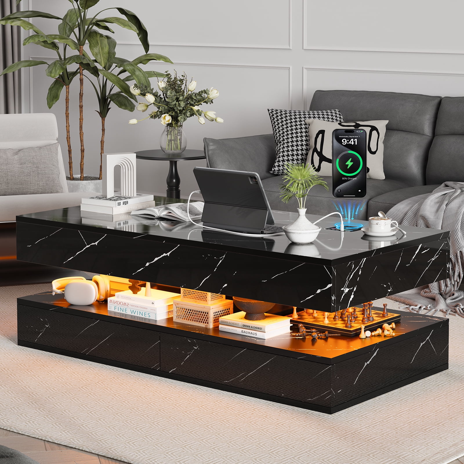 Table With Led PPorfamilia High Glossy Coffee Table with Storage, Modern Center Tables ...