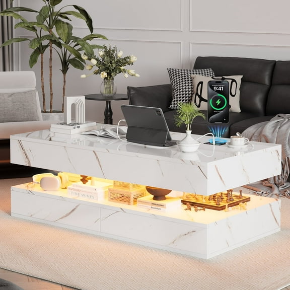 Lumiinofami High Glossy Coffee Table with Storage, Modern Center Tables with LED Lighting and Charging Station for Living Room, White