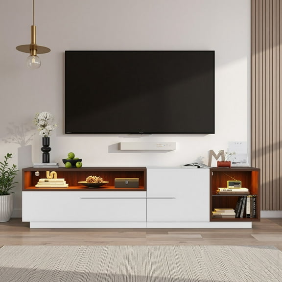 Lumiinofami Modern Wooden LED TV Stand for TVs up to 80" with Storage Drawer and Open Shelves