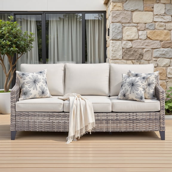 PPorfamilia Outdoor 3 Seater Sofa, Patio PE Rattan Deep Seat Couch with Beige Cushions, for Porch Balcony Backyard