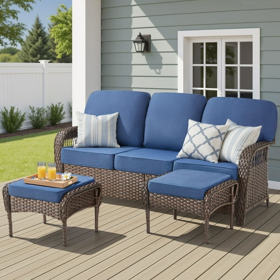 PPorfamilia Outdoor Furniture Set, 3 Piece Patio PE Rattan Cushioned Sofa Set with Ottomans, for Backyard Deck Garden Porch, Navy