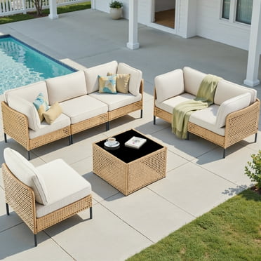 PPorfamilia Outdoor Modular Sectional Furniture Set, 7 Piece Natural PE Rattan Sofa Set with 4 Corner Chairs, 2 Middle Chairs, Side Table, and Beige Deep Seat Cushions, for Patio Backyard Deck