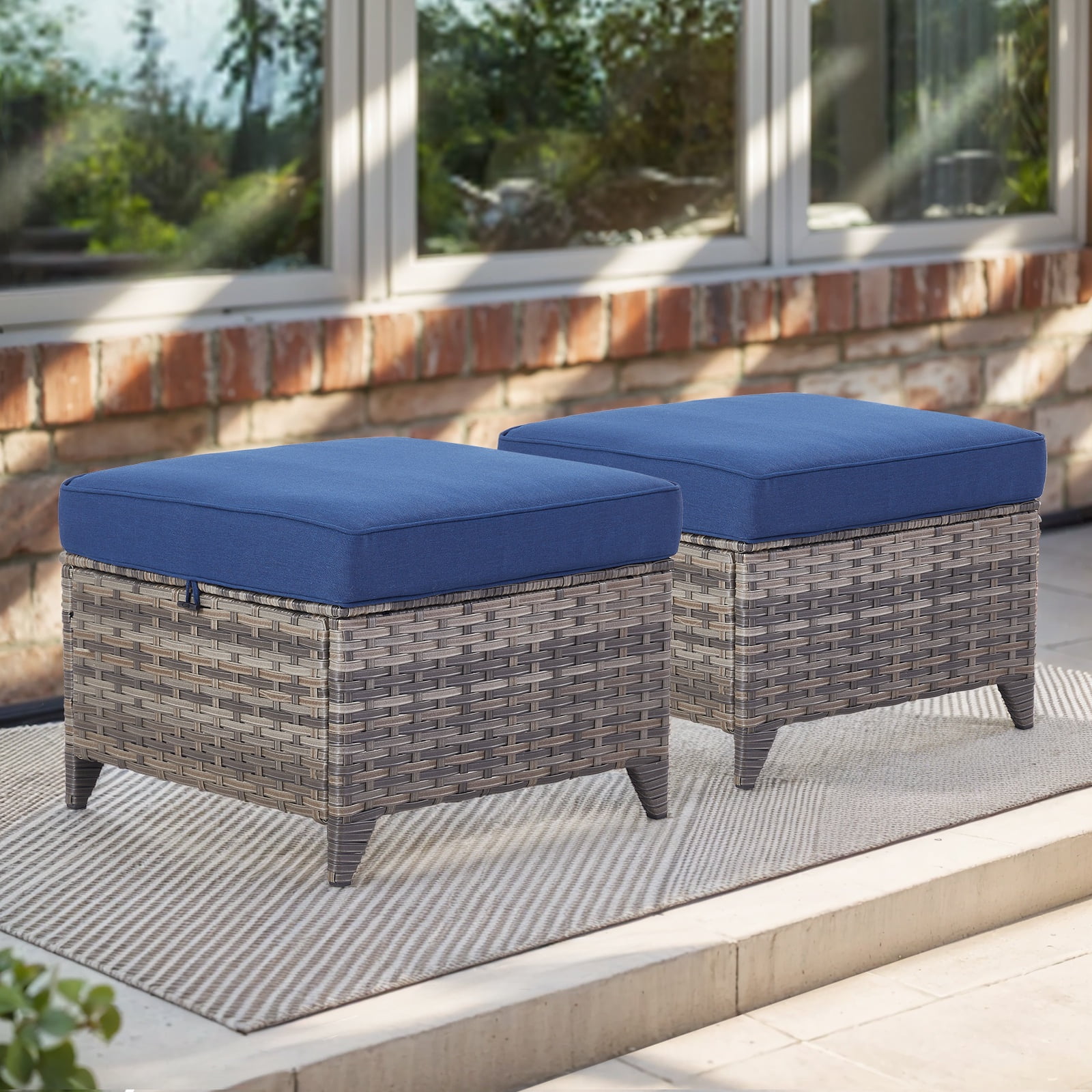 PPorfamilia Outdoor Ottomans Set of 2, PE Rattan Footrests with Navy ...