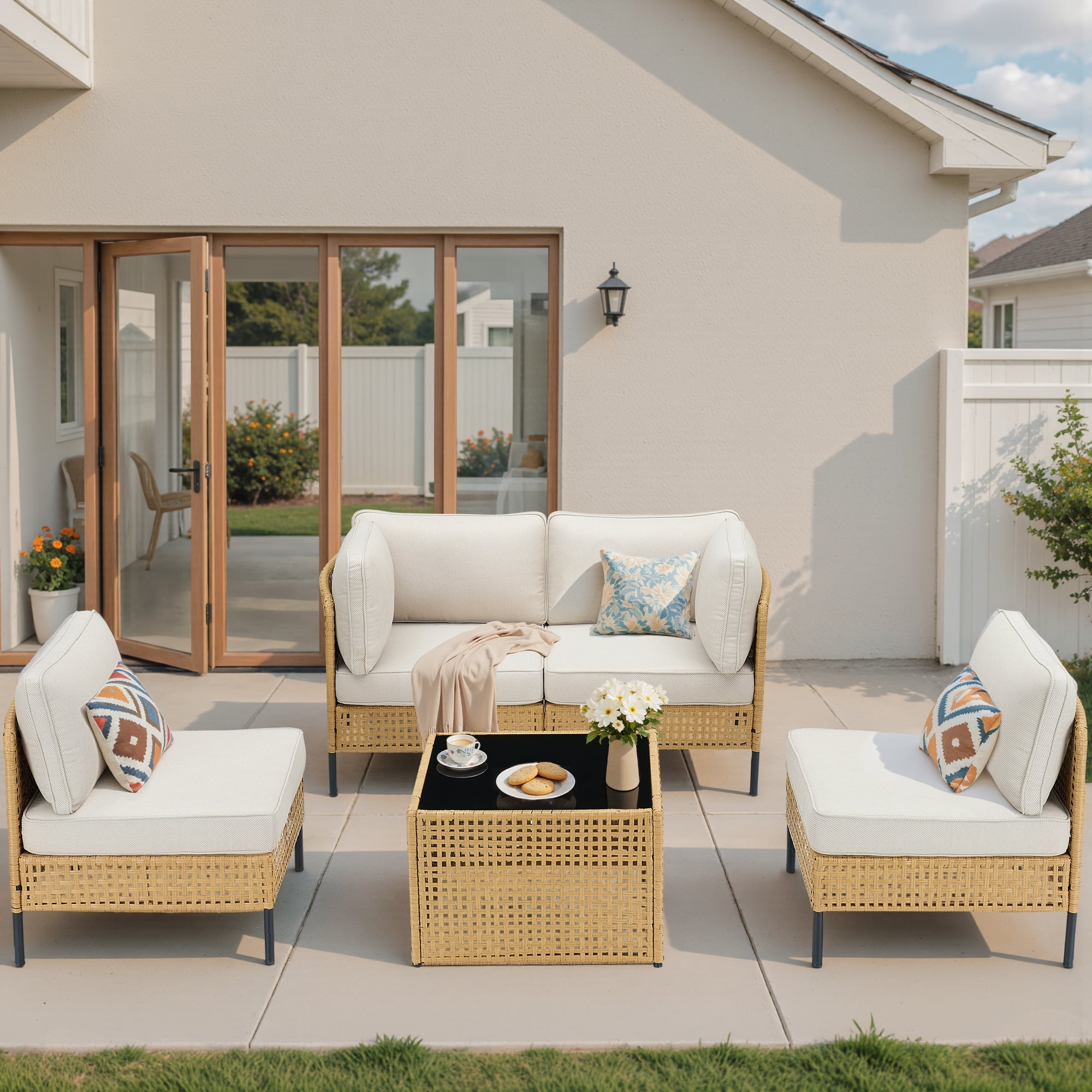 PPorfamilia Outdoor PE Rattan Sectional Furniture Set, 5 Piece Patio Modular Sofa Set with Coffee Table and Beige Cushions, Conversation Chairs for Backyard, Garden, Porch