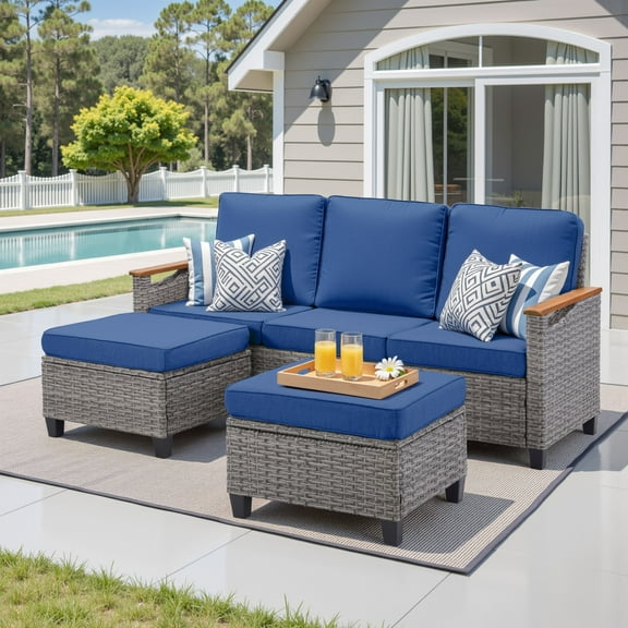 PPorfamilia Outdoor Sectional Sofa Sets, 3 Pieces Patio Furniture Sets with 3-Seater Sofa and Ottomans, All Weather PE Wicker Outdoor Conversation Sets with Navy Cushions for Porch Garden Deck