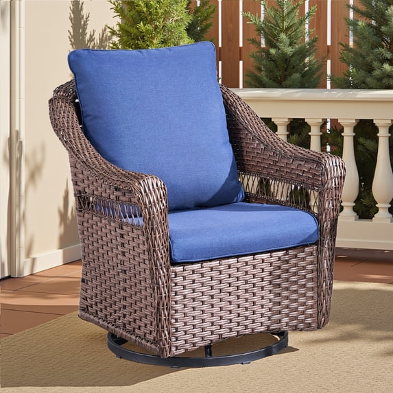 PPorfamilia Outdoor Swivel Chair, Patio PE Wicker Rocker Chair with Removable Navy Cushions, All-Weather Single Chair for Backyard Porch Deck Garden