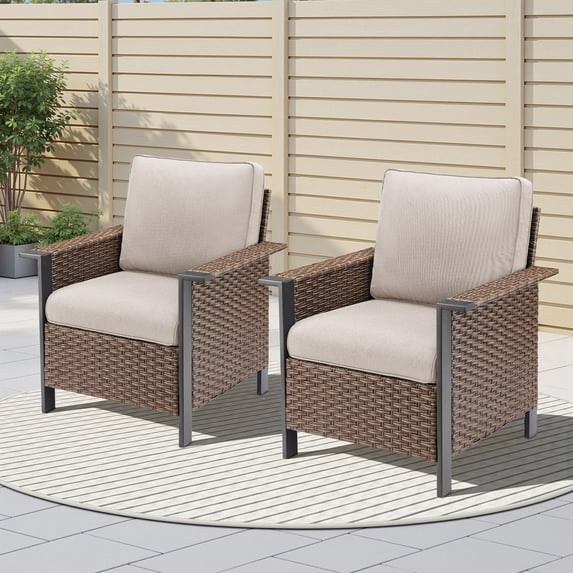 PPorfamilia Patio Chairs Set of 2, PE Rattan Outdoor Conversation Single Chairs with Beige Cushions for Deck Poolside Porch