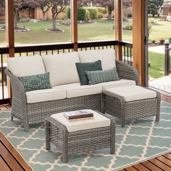 PPorfamilia Patio Sectional Furniture Set, 3 Piece All Weather Rattan Outdoor Conversation Sofa Set with Beige Cushions, for Backyard Balcony Poolside Deck