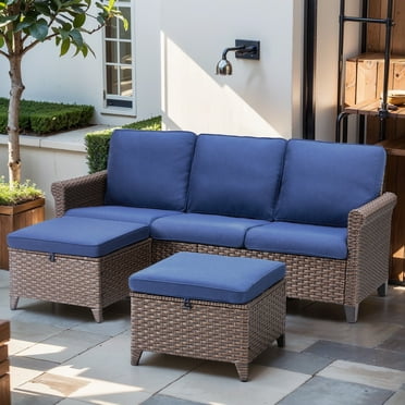 PPorfamilia Patio Wicker Sectional Furniture Set, 3 Piece Outdoor Rattan Conversation Set with Navy Cushions, for Backyard Porch Poolside Deck