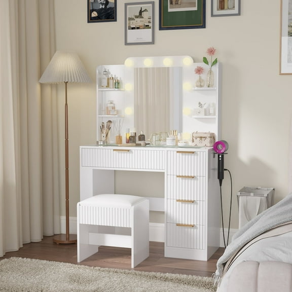 Lumiinofami Vanity Desk with Mirror and Lights, 5 Drawers Makeup Dressing Desk and Cushioned Stool Set with Storage and Charging Station for Women Girls Bedroom, White