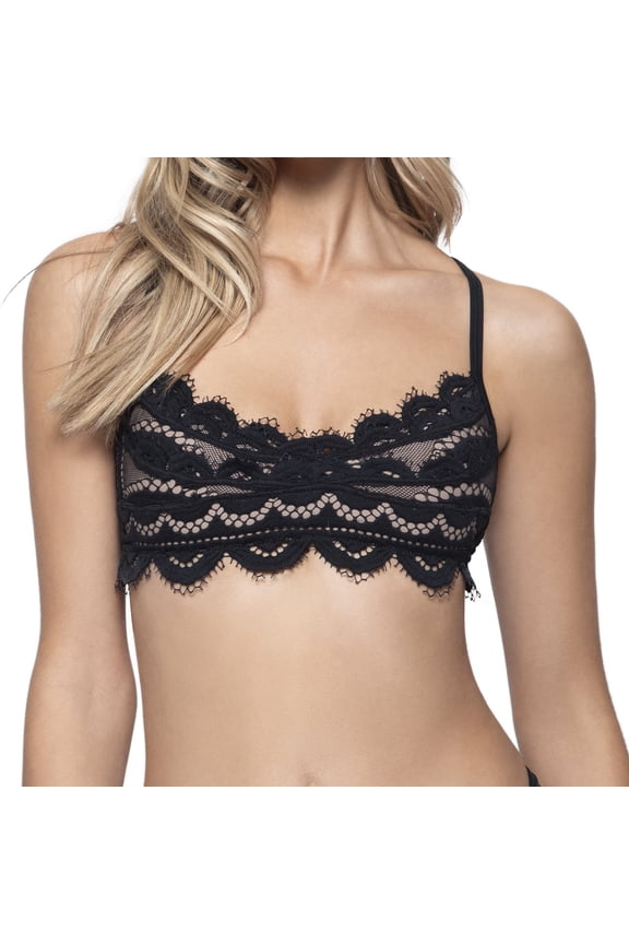 Women's Cross Strap Lace Bralette - Adjustable Tie, Removable Padding (Midnight Gold, Large)