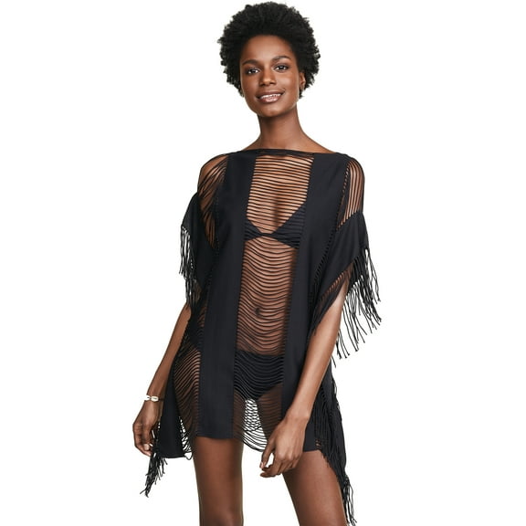 PQ Swim Women's Monique Swimsuit Cover-Up - Fringe Ends, Beach Dress (Black, Medium-Large)