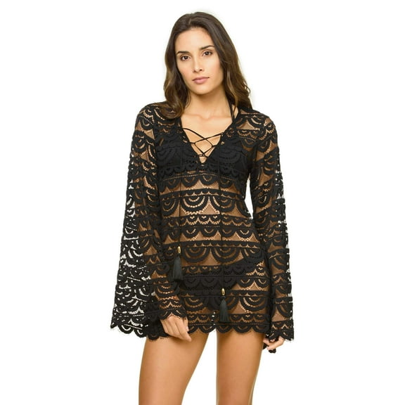 PQ Swim Women's Noah Tunic Cover-Up - Scalloped Hem, Lace Up Front Tie (Black, Medium-Large)