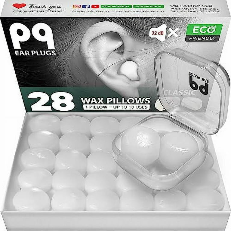 PQ Wax Ear Plugs for Sleep - 28 Silicone Wax Earplugs for Sleeping and  Swimming - Gel Plugs for Noise Cancelling & Ear Protection - Earplugs with  Sound Blocking Level 32 Db, 28 Pillows 