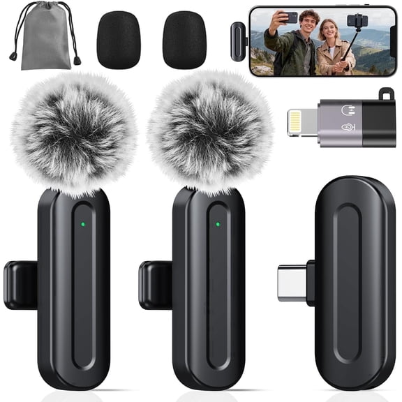 PQRQP Wireless Microphone for iPhone Android–2 Pack Lavalier Mic for Video Recording, USB-C Plug & Play, High-Fidelity Audio