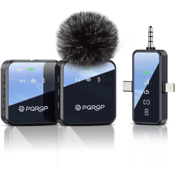 PQRQP Wireless Microphone for iPhone Android 3 in 1 Lavalier Mic with Noise Cancelling, 328ft Range for Interview Vlog