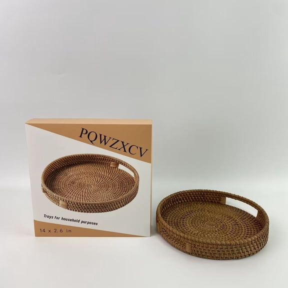 PQWZXCV Trays for household purposes,Large Rattan Serving Tray 14" in Natural Honey Colour Woven Serving Trays with Handles for Home Round Dining Table Tray Wicker Serving Basket