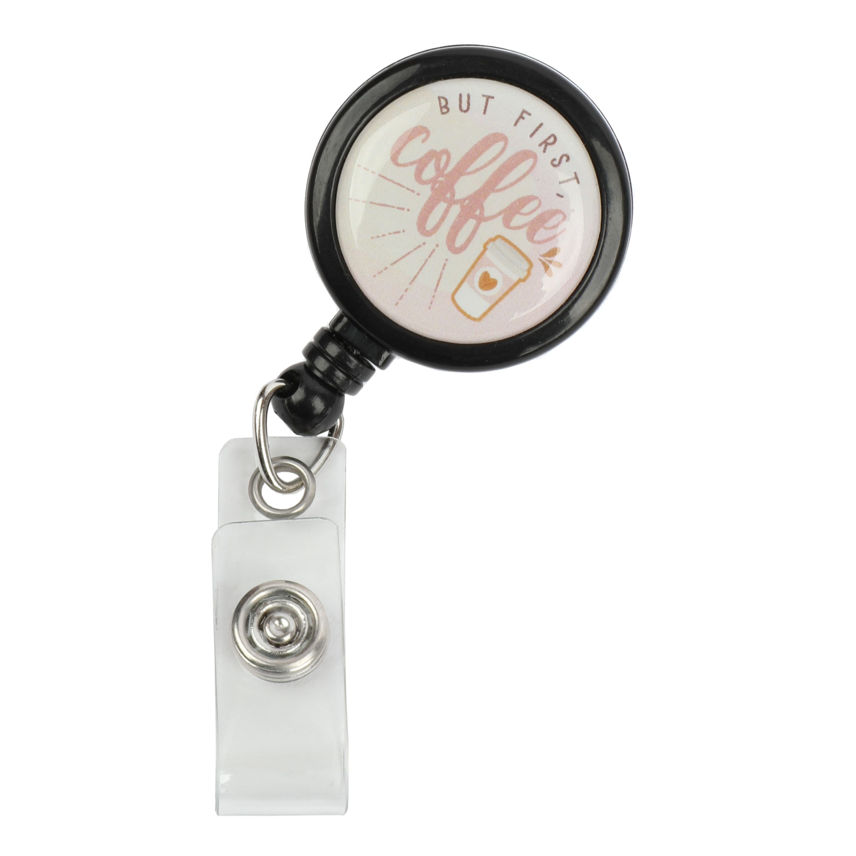 PR Essentials Brand Women's adult But First Coffee Badge Reel with Shades On Pink and Brown On Cream Background