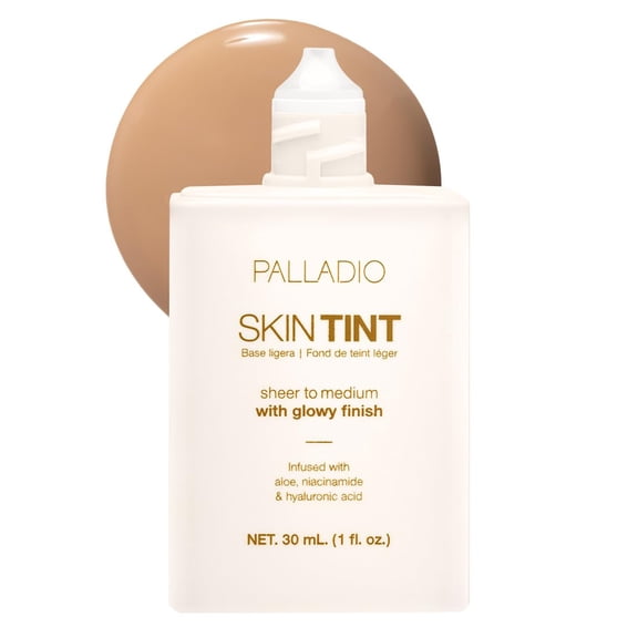 Palladio Skin Tint with Aloe, Niacinamide and Hyaluronic Acid, Sheer to Medium Coverage, Glowy Finish, Brightening and Blurring Lightweight Foundation Makeup (Medium Beige)