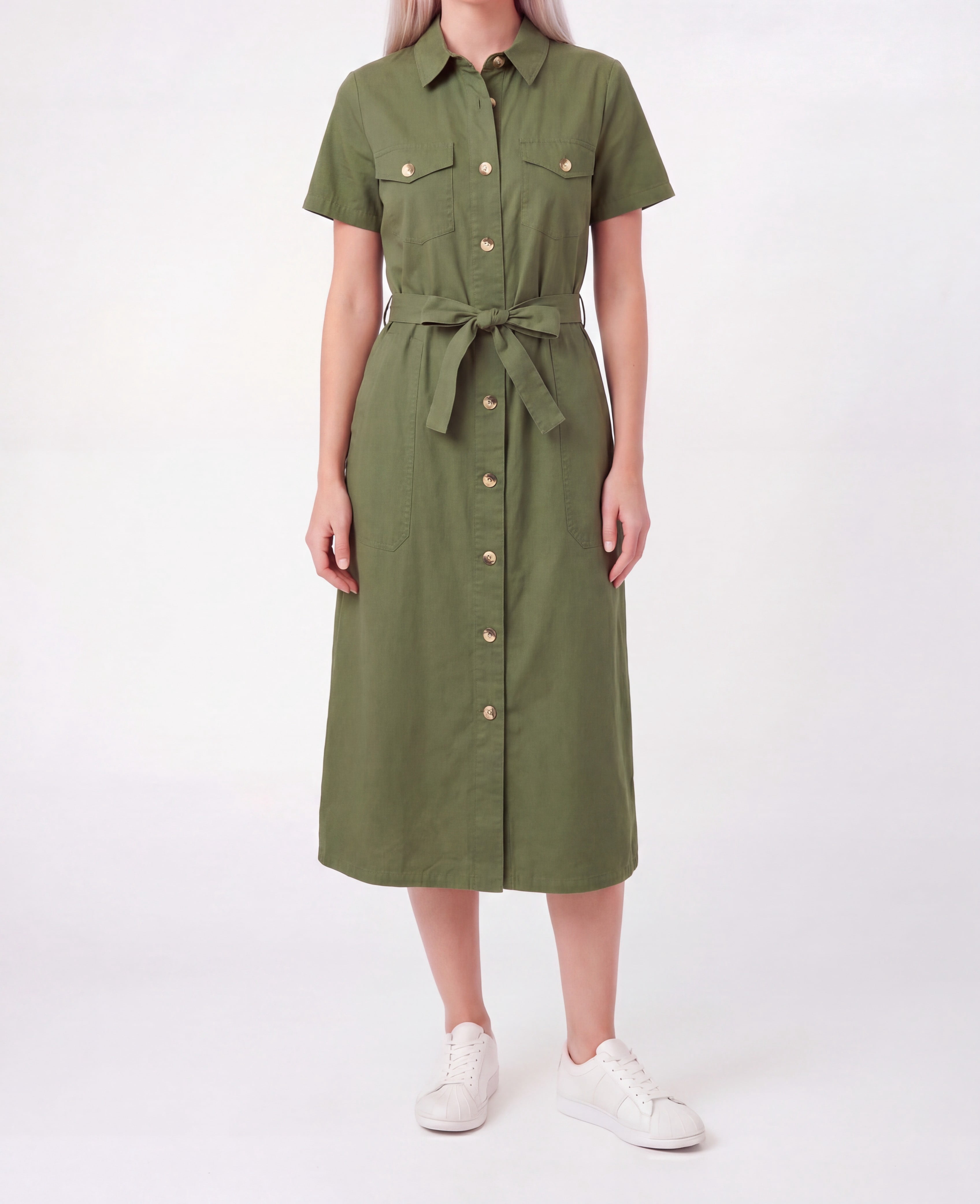 Millenium Women's Printed Short Sleeve 4 Pocket Belted Midi Dress