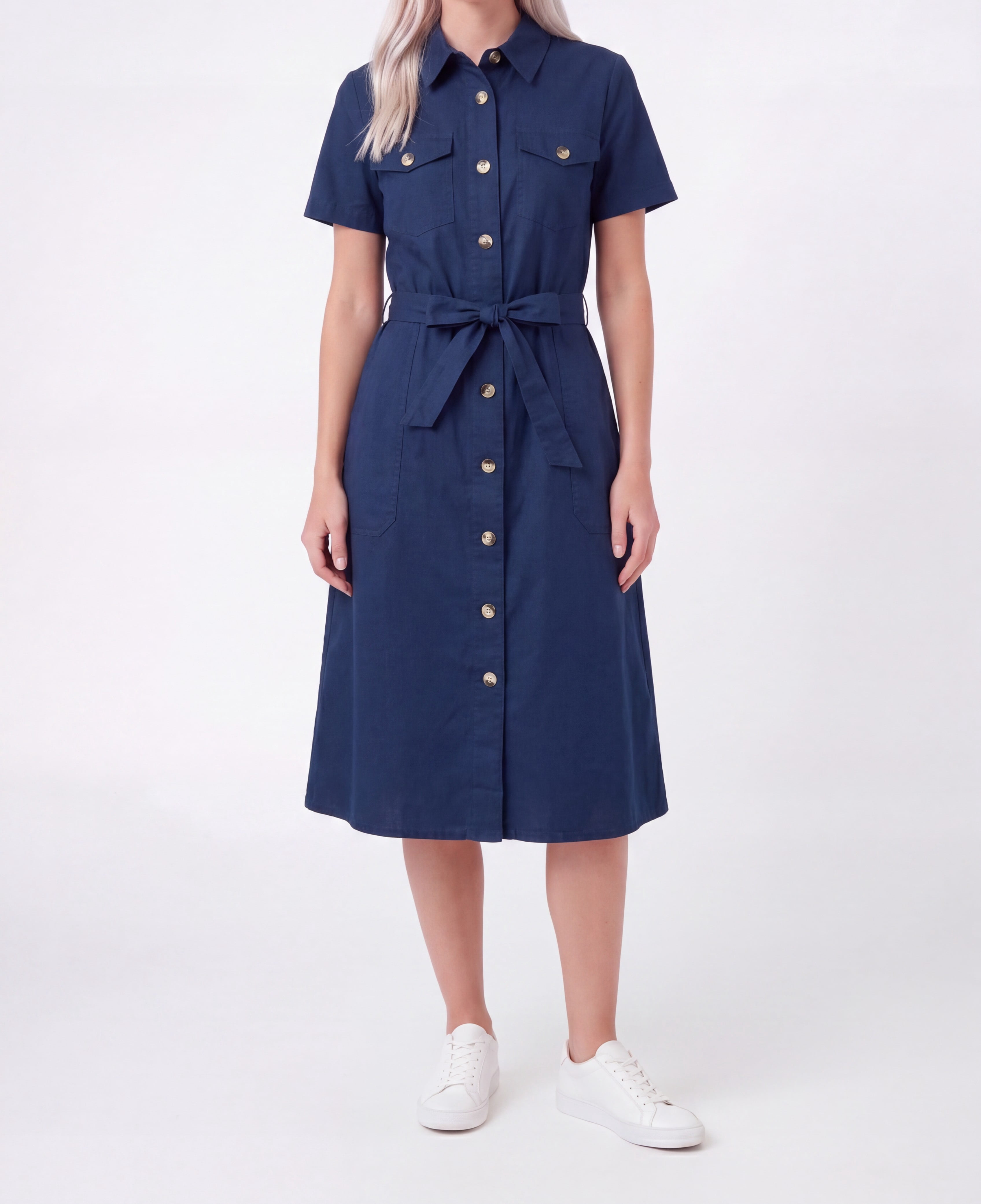 Millenium Women's Printed Short Sleeve 4 Pocket Belted Midi Dress