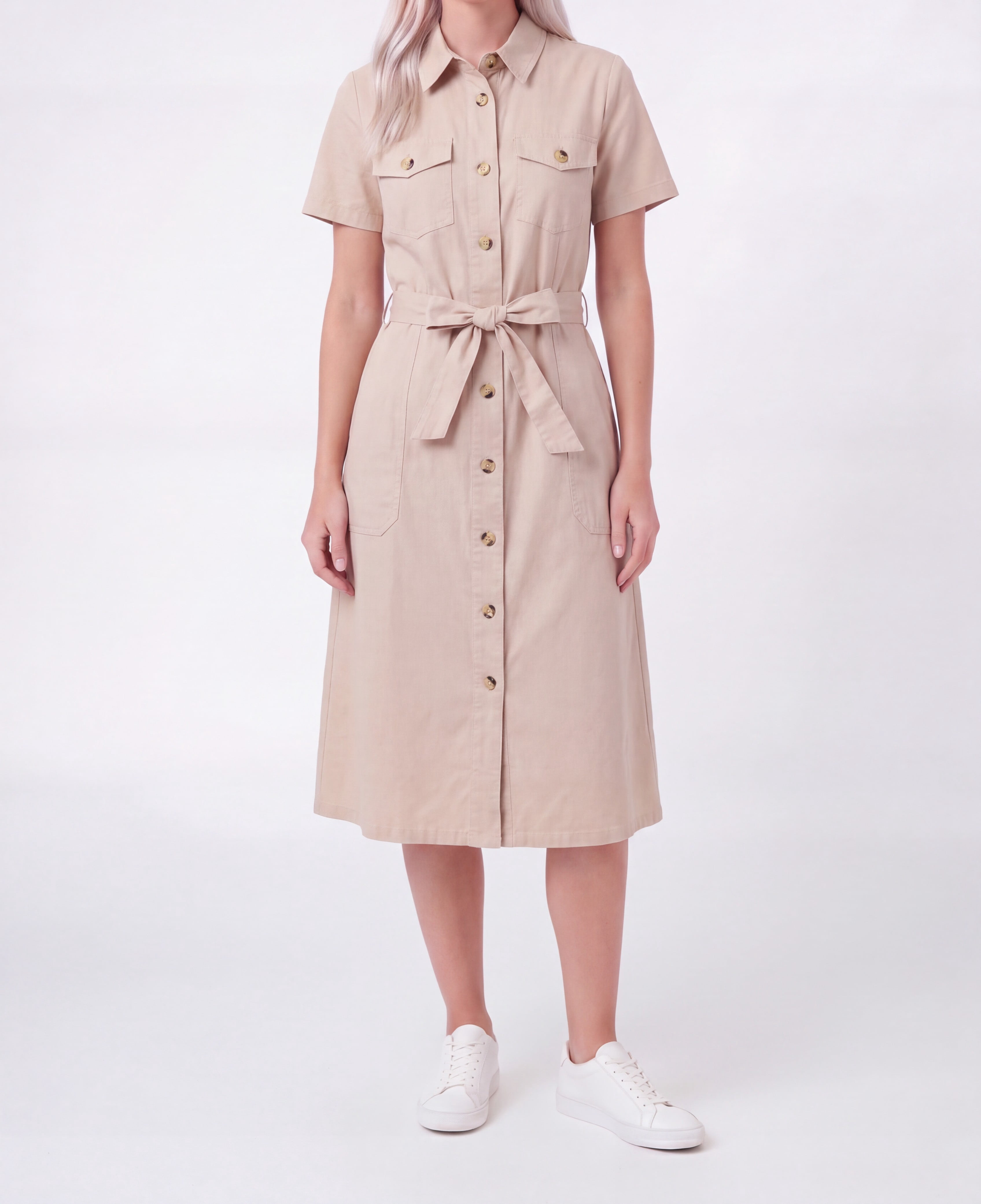 Millenium Women's Printed Short Sleeve 4 Pocket Belted Midi Dress