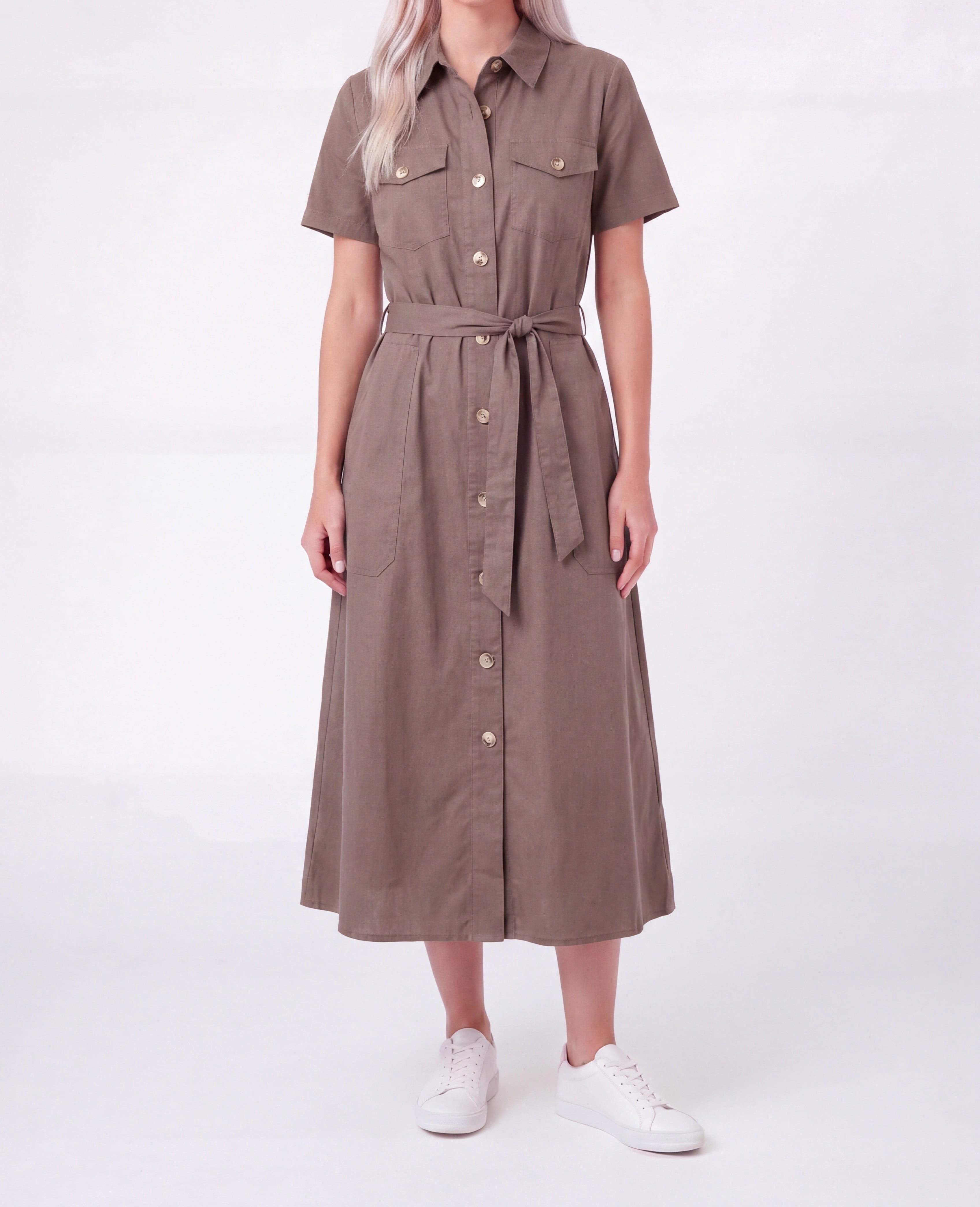 Millenium Women's Printed Short Sleeve 4 Pocket Belted Midi Dress