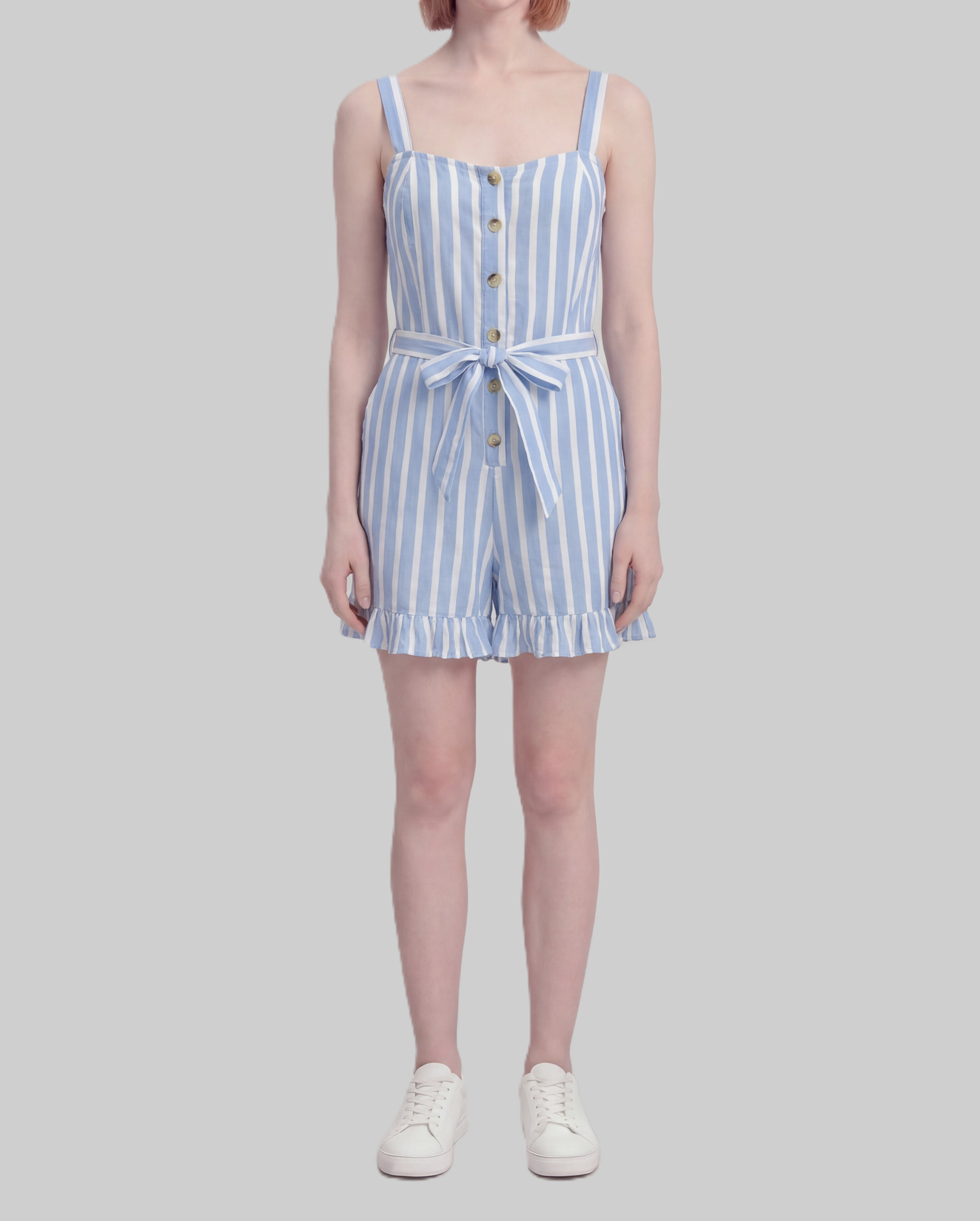 Millenium Womens Printed Sleeveless belted ruffle hem romper