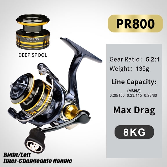 PR800 Spinning Fishing Reel, 5.2:1 Gear Ratio, 135g Ultra Light, 8KG Max Drag, Left/Right Interchangeable Handle with Deep Spool