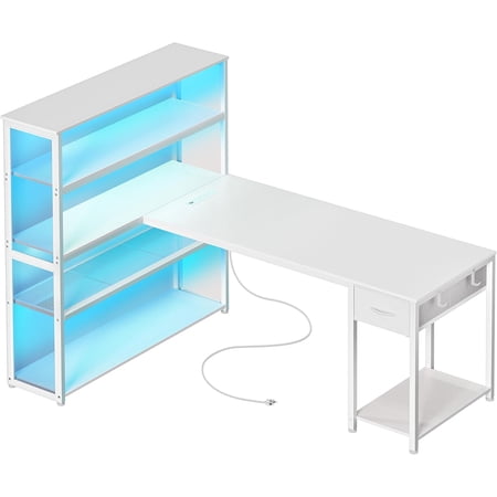 PRAISUN 57 Inch L Shaped Gaming Computer Desk with Larger Open Cabinet, Reverisble Office Desk with Power Outlets, LED Lights, Work Desk, Fabric Drawer, Adjustable Wood and Mesh Shelf, White