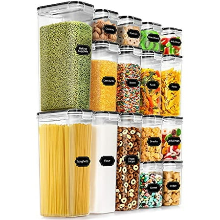 PRAKI Airtight Food Storage Container Set - 16 Pcs, BPA Free Plastic Dry Food Canisters for Kitchen Pantry Organization and Storage Ideal for Cereal, Flour & Sugar - Labels, Marker(Black)