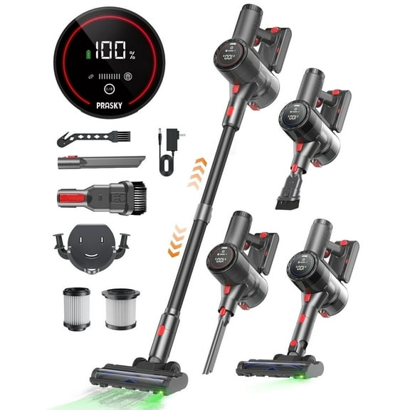 PRASKY Cordless Stick Vacuum Cleaner Adjustable Length Lightweight for Carpet, Hard Floor, Pet Hair (Black)