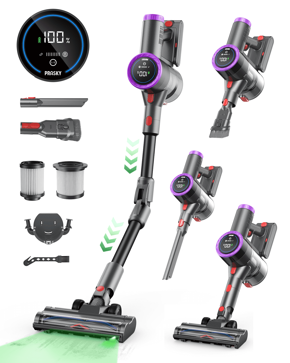 PRASKY Cordless Stick Vacuum Cleaner Bendable Lightweight for Carpet, Hard Floor, Pet Hair (Purple)