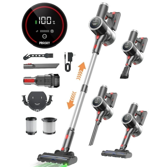 PRASKY Cordless Stick Vacuum Cleaner Adjustable Length Lightweight for Carpet Hard Floor Pet Hair