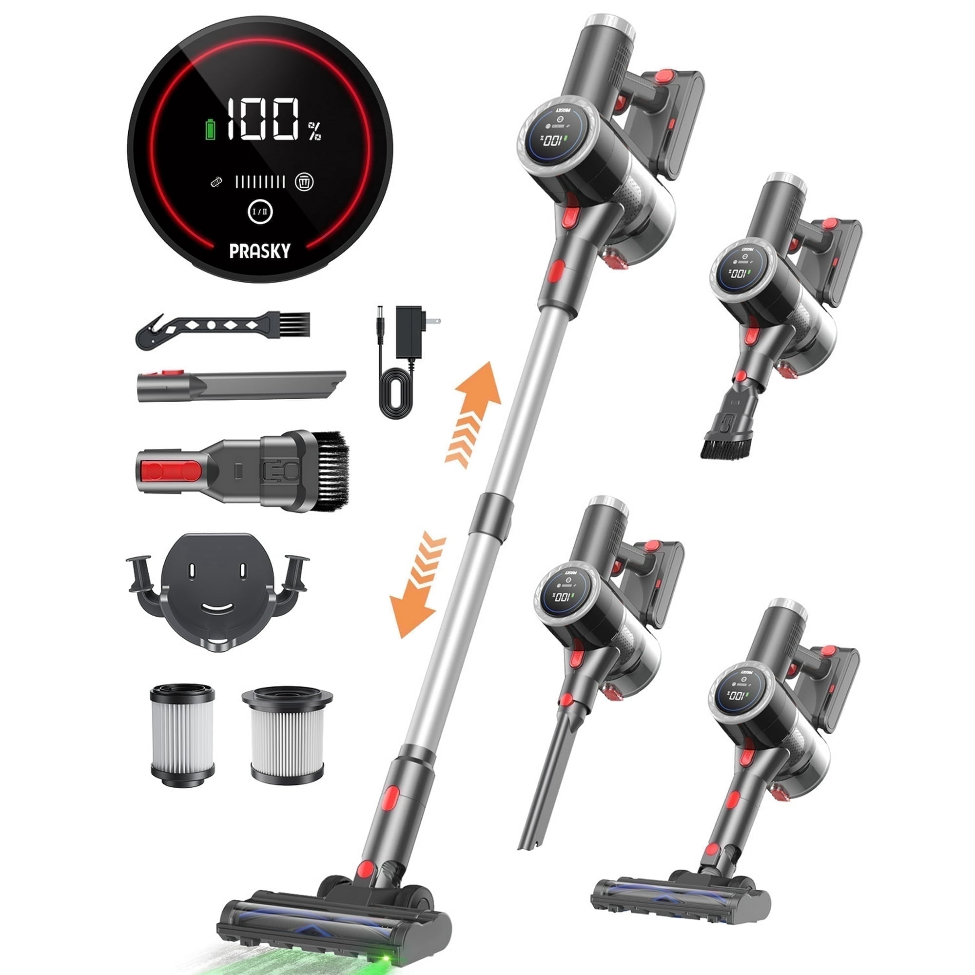 PRASKY Cordless Stick Vacuum Cleaner Adjustable Length Lightweight for Carpet Hard Floor Pet Hair