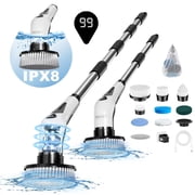 PRASKY Electric Spin Scrubber, IPX8 Extra Length Bathroom Scrubber with 9 Replaceable Brush Heads & Retractable Handle, 2-Speed Adjustable Shower Cleaner Brush for Bathroom, Bathtub, Kitchen